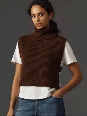 Anthropologie Turtle Neck Vest Women's Size Medium Brown Knit Sleeveless Casual